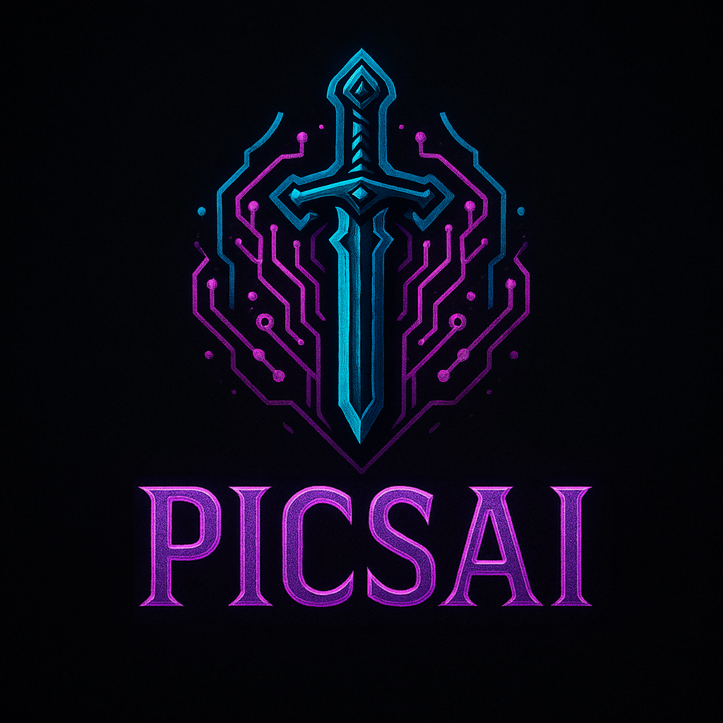 Logo néon sur fond noir représentant une épée entourée de circuits imprimés avec le texte "AI" en dessous